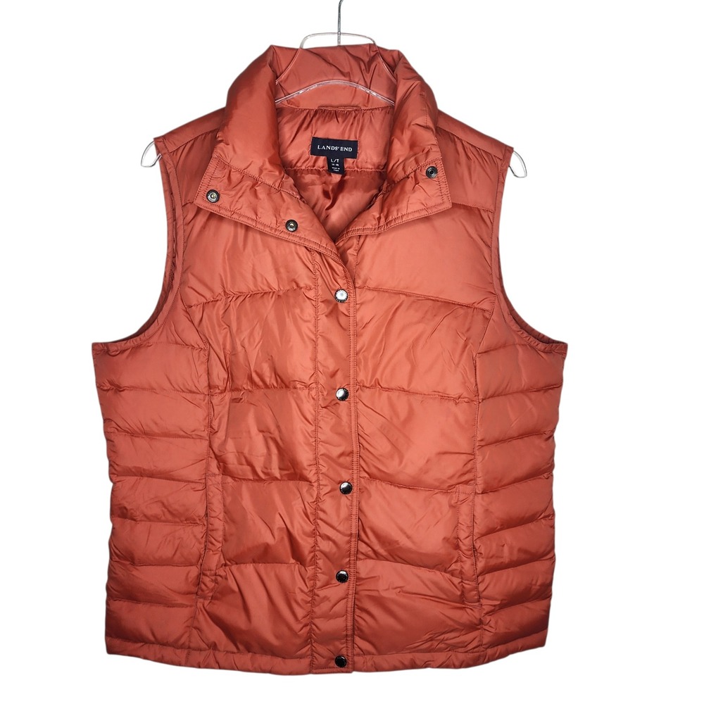 Lands End Womens Down‎ Puffer Vest Burnt Orange Rust Quilted Snap Front Size LT